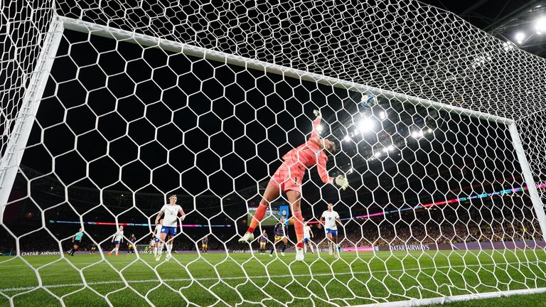 Mary Earps is beaten by Leicy Santos (not pictured) to put Colombia in front