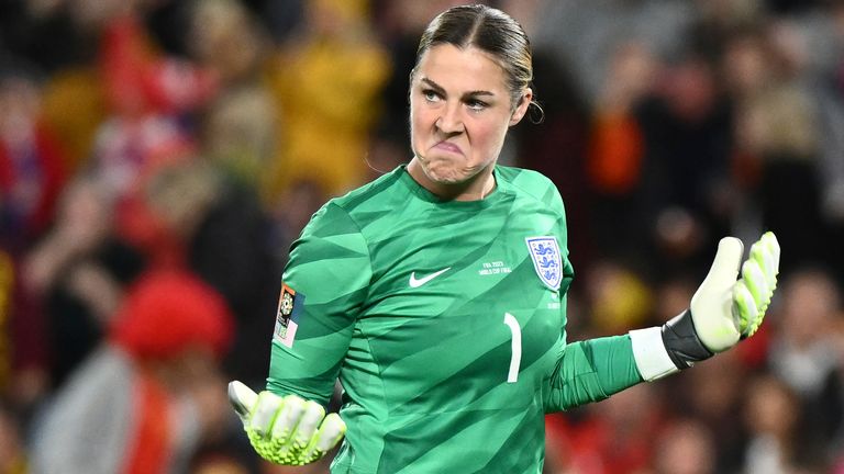 England's goalkeeper Mary Earps reacts after saving Spain's penalty kick during the Women's World Cup soccer final between Spain and England at Stadium Australia in Sydney, Australia,