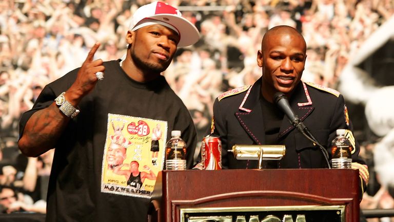 50 Cent and Mayweather Jr after the latter's victory over Oscar De La Hoya