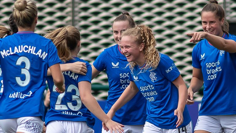 GOAL! 1-0 Mia McAulay of Rangers breaks away and slots home past Lee Gibson of Glasgow City during the ScottishPower Womens Premier League Match. Rangers Women FC vs Glasgow City FC. Petershill Park, Springburn, 27/08/2023. Image Credit: Colin Poultney/SWPL