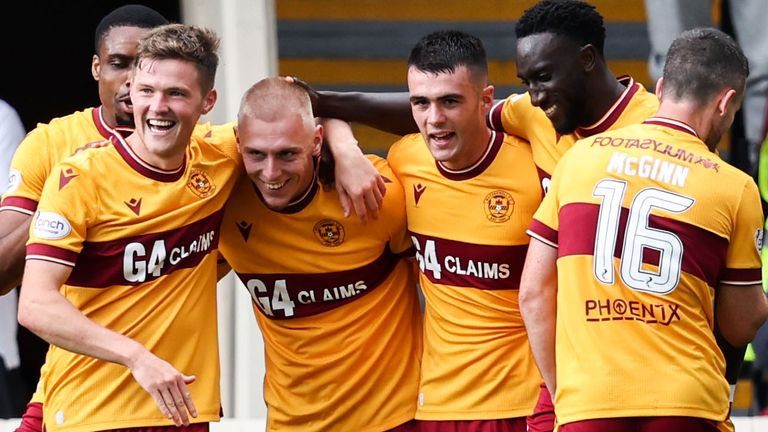 MOTHERWELL, SCOTLAND - AUGUST 13: Motherwell's Mika Biereth (C) celebrates scoring to make it 2-0 with his teammates during a cinch Premiership match between Motherwell and Hibernian at Fir Park, on August 13, 2023, in Motherwell, Scotland. (Photo by Ross MacDonald / SNS Group)