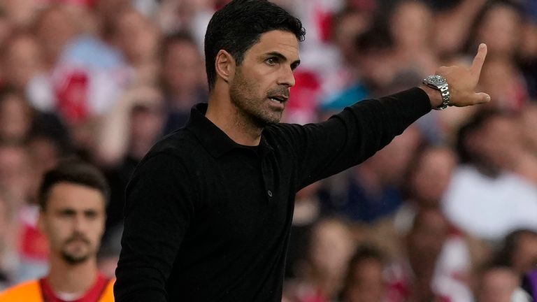 Arsenal's manager Mikel Arteta reacts during the English Premier League soccer match between Arsenal and Fulham at Emirates stadium in London, Saturday, Aug. 26, 2023. (AP Photo/Frank Augstein)