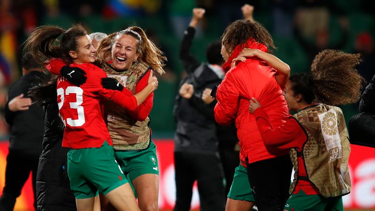 Players of Morocco celebrate after the Women's World Cup Group H soccer match between Morocco and Colombia in Perth, Australia, Thursday, Aug. 3, 2023. (AP Photo/Gary Day)