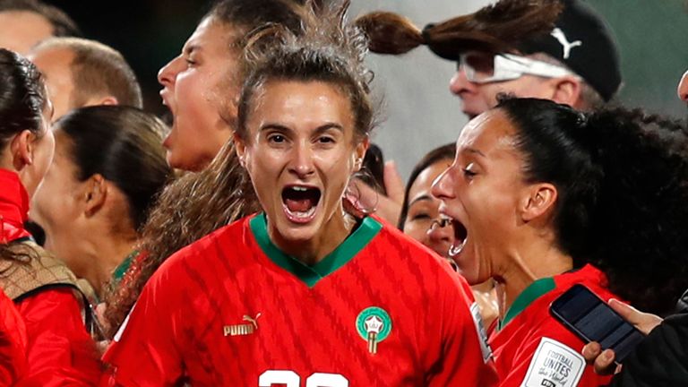 Morocco's Rosella Ayane, center, celebrates with teammates after the Women's World Cup Group H soccer match between Morocco and Colombia in Perth, Australia, Thursday, Aug. 3, 2023. (AP Photo/Gary Day)