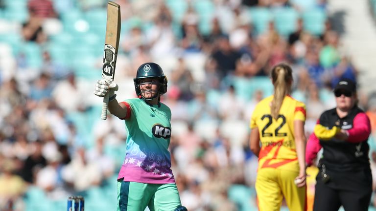 Oval Invincibles' Nadine de Klerk celebrates making 50 runs during The Hundred match at The Kia Oval, London. Picture date: Monday August 21, 2023.