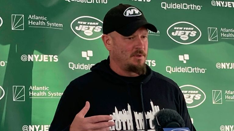 New York Jets offensive coordinator Nathaniel Hackett speaks to reporters