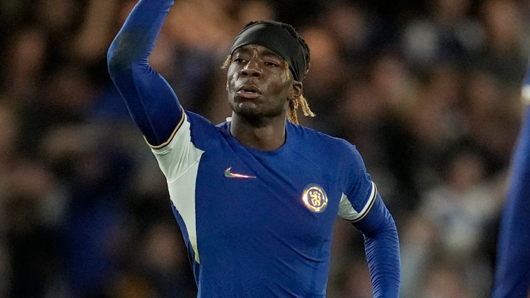 Chelsea&#39;s Noni Madueke celebrates after scoring his side&#39;s first goal vs AFC Wimbledon