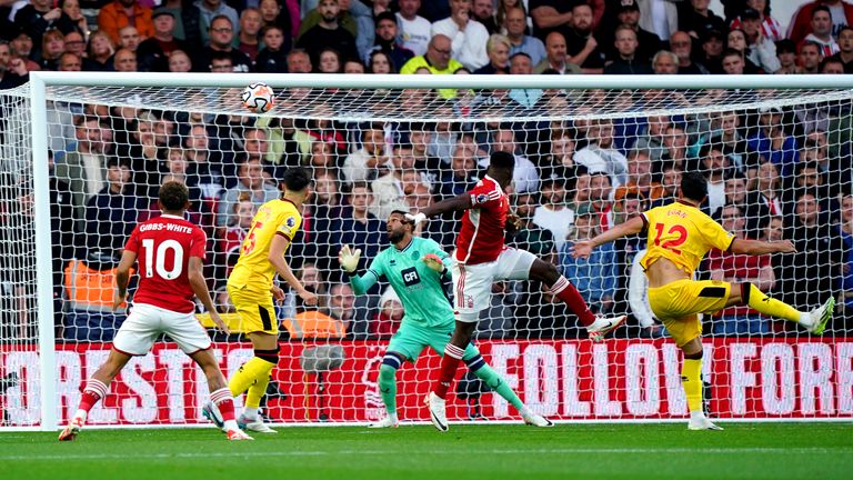 Nottingham Forest's Taiwo Awoniyi (centre right) scores their side's first goal of the game during the Premier League match at the City Ground, Nottingham.