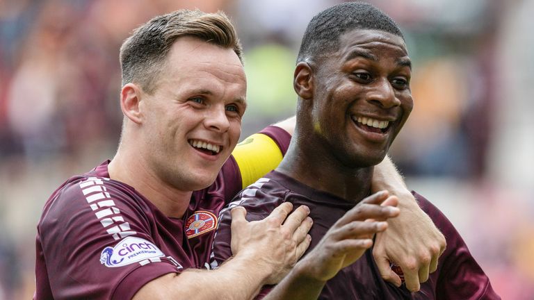 Hearts' Odel Offiah (right) celebrates with Lawrence Shankland after making it 2-0 against Partick Thistle