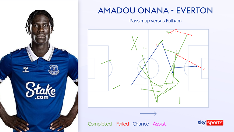 Amadou Onana's pass map against Fulham