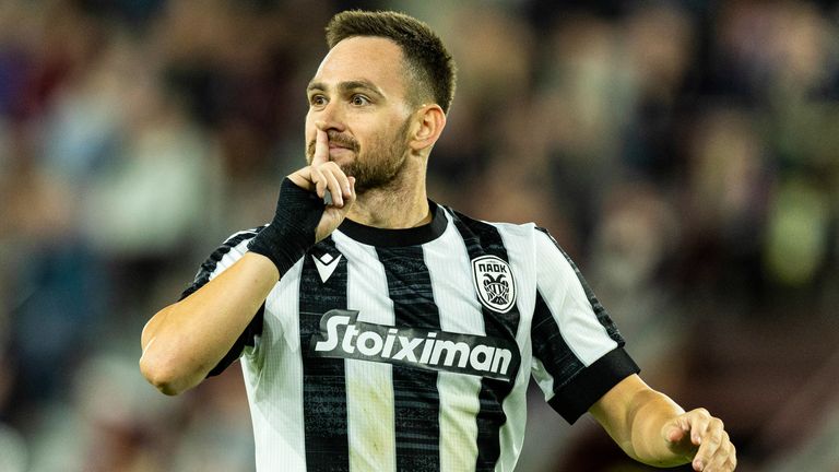 EDINBURGH, SCOTLAND - AUGUST 24: PAOK's Andrija Zivkovic celebrates as he makes it 2-1 during a UEFA Conference League Play-Off Round match between Hearts and PAOK at Tynecastle Stadium, on August 24, 2023, in Edinburgh, Scotland. (Photo by Ross Parker / SNS Group)