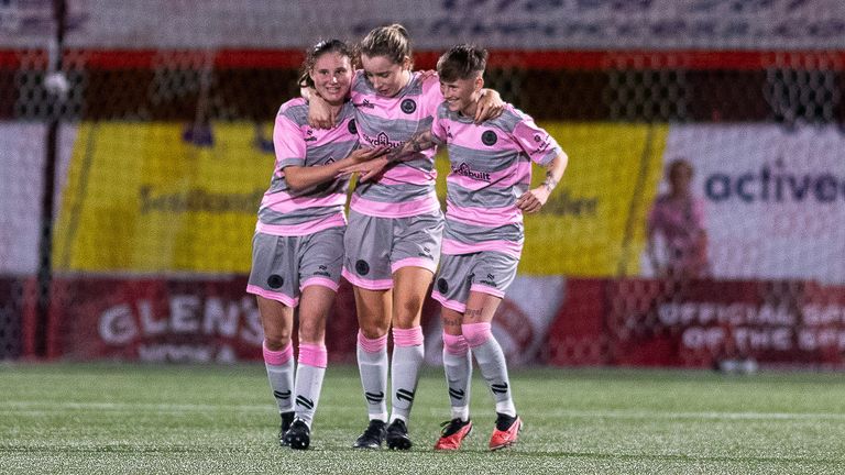 GOAL! 0-3 Emma Louise Lawton of Partick Thistle scores from close range to seal the victory and celebrates with her team mates during Matchday 3 of the ScottishPower Womens Premier League Season. Hamilton Academical Women FC vs  Partick Thistle Women FC. New Douglas Park, Hamilton, 23/08/2023. Image Credit: Colin Poultney/SWPL