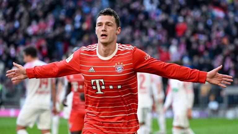 11 March 2023, Bavaria, Munich: Soccer, Bundesliga, FC Bayern M&#39;nchen - FC Augsburg, Matchday 24 at Allianz Arena. Benjamin Pavard of Munich celebrates his goal to make it 3:1. Photo by: Sven Hoppe/picture-alliance/dpa/AP Images


