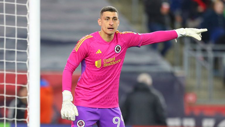 April 22, 2023; Foxborough, MA, USA; New England Revolution goalkeeper Djordje Petrovic (99) reacts during an MLS match between Sporting Kansas City and New England Revolution. Anthony Nesmith/CSM(Credit Image: .. Anthony Nesmith/Cal Sport Media) (Cal Sport Media via AP Images)
