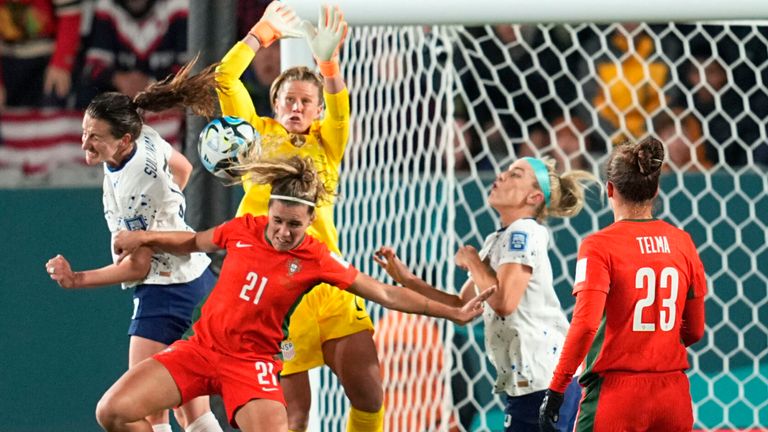 August 01 2023: Capeta Ana (Portugal) and Alyssa Naeher (USA) battle for the ball during a game, , at , , . Kim Price/CSM (Credit Image: .. Kim Price/Cal Sport Media) (Cal Sport Media via AP Images)