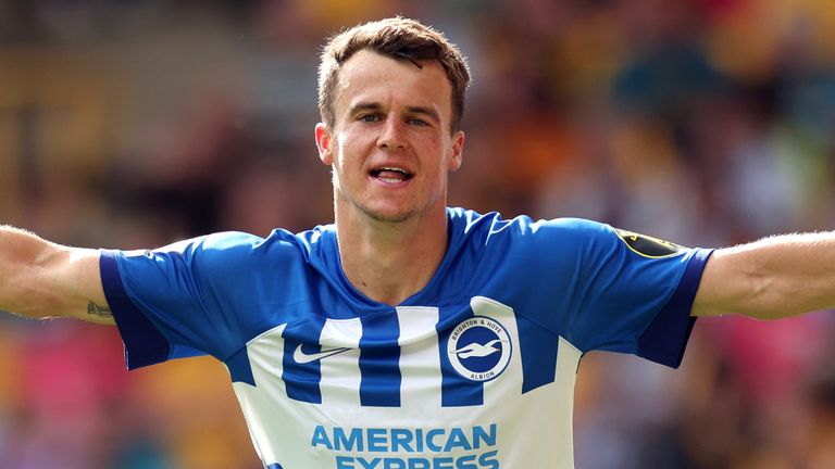 Solly March celebrates after scoring Brighton's third goal against Wolves
