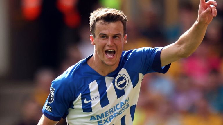 Solly March celebrates his second goal of the game for Brighton at Wolves