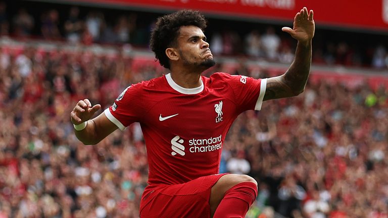 Luis Diaz celebrates after equalizing for Liverpool against Bournemouth