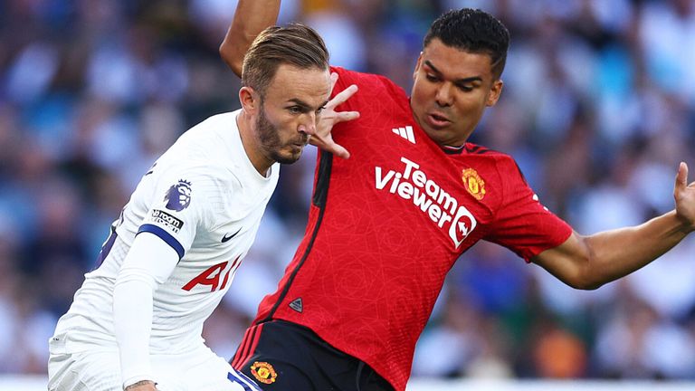 James Maddison holds off a challenged from Casemiro