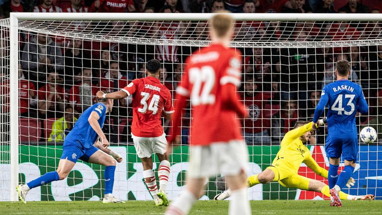 EINDHOVEN, NETHERLANDS - AUGUST 30: PSV's Ismael Saibari scores to make it 1-0 during a UEFA Champions League Play-Off second leg match between PSV Eindhoven and Rangers at the Phillips Stadion, on August 30, 2023, in Eindhoven, Netherlands. (Photo by Alan Harvey / SNS Group)