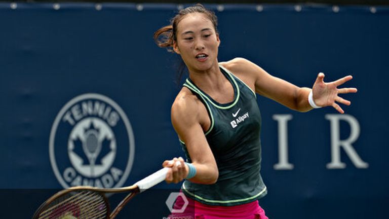 Qinwen Zheng plays a forehand at the 2023 National Bank Open in Montreal