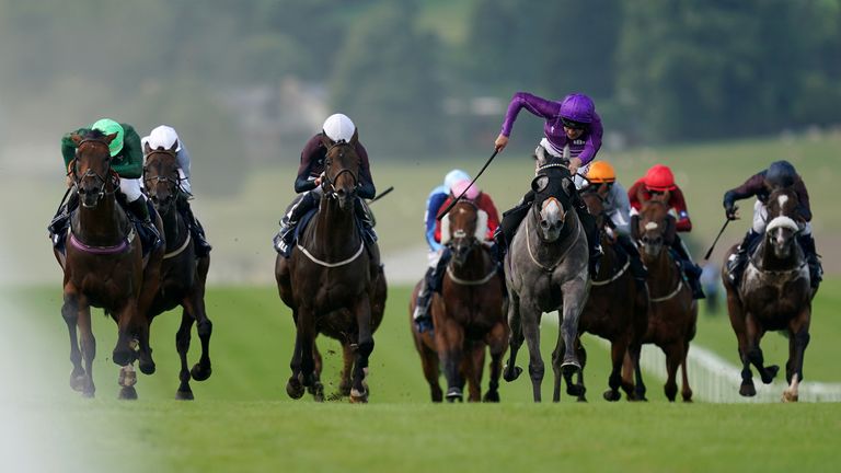 Cabinet Of Clowns (purple) wins in the Racing League at Chepstow