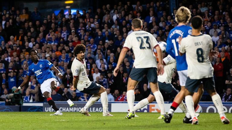 Abdallah Sima opens the scoring in Rangers' Champions League play off against PSV