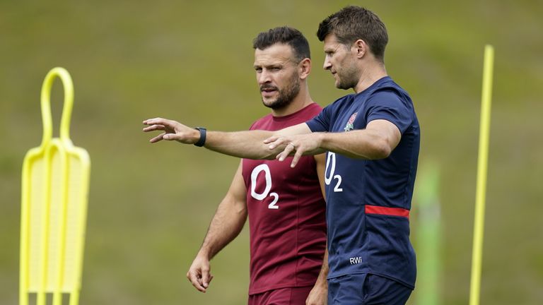 England attack coach Richard Wigglesworth gives guidance to Danny Care 