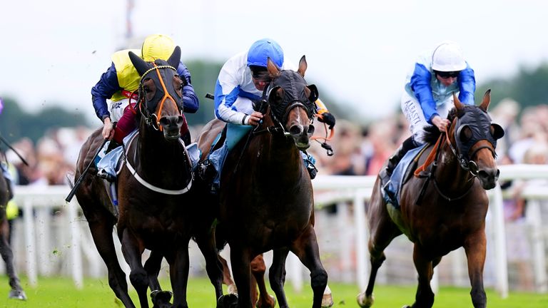 Ropey Guest (blue cap) wins the Clipper Handicap at York from Point Lynas