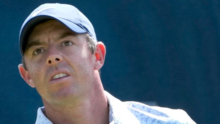 Rory McIlroy watches his tee shot on the 10th hole during the third round of the BMW Championship golf tournament, Saturday, Aug. 19, 2023, in Olympia Fields, Ill. (AP Photo/Charles Rex Arbogast)