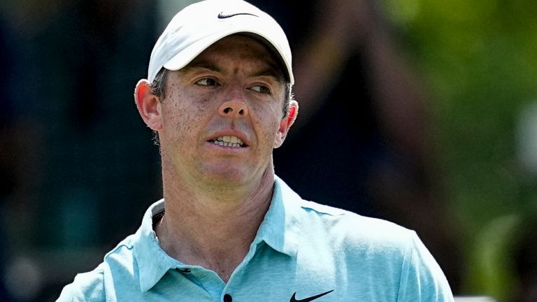 Rory McIlroy, of Northern Ireland, reacts after a putt on the seventh green during the second round of the Tour Championship golf tournament, Friday, Aug. 25, 2023, in Atlanta. (AP Photo/Mike Stewart)