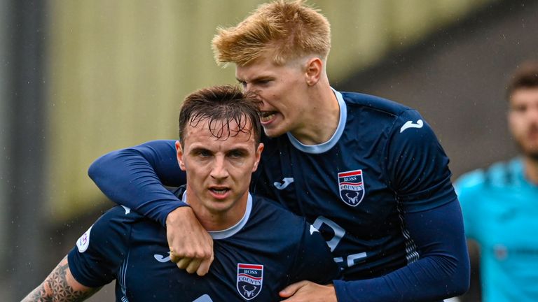 AIRDRIE, SCOTLAND - AUGUST 19: Ross County's Eamonn Brophy celebrates scoring to make it 4-3 during a Viaplay Cup Round of Sixteen match between Airdrie and Ross County at Excelsior Stadium, on August 19, 2023, in Airdrie, Scotland. (Photo by Rob Casey / SNS Group)