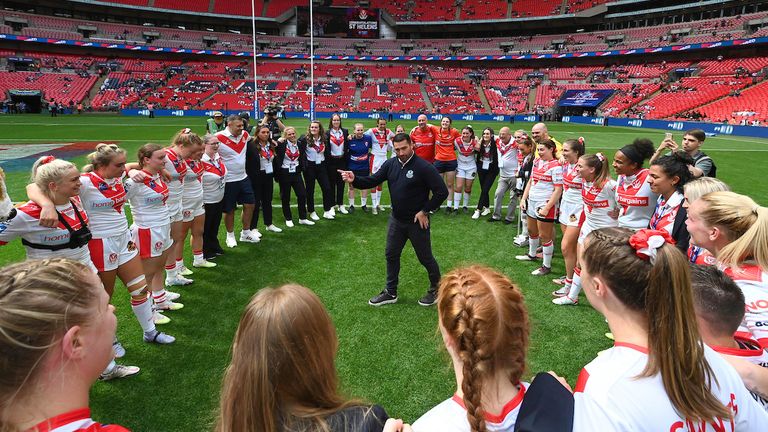 Picture by Matthew Merrick/SWpix.com - 12/08/2023 - Rugby League - Betfred Women's Challenge Cup Final - Leeds Rhinos v St Helens - Wembley Stadium, London, England - St Helens celebrate victory over Leeds.