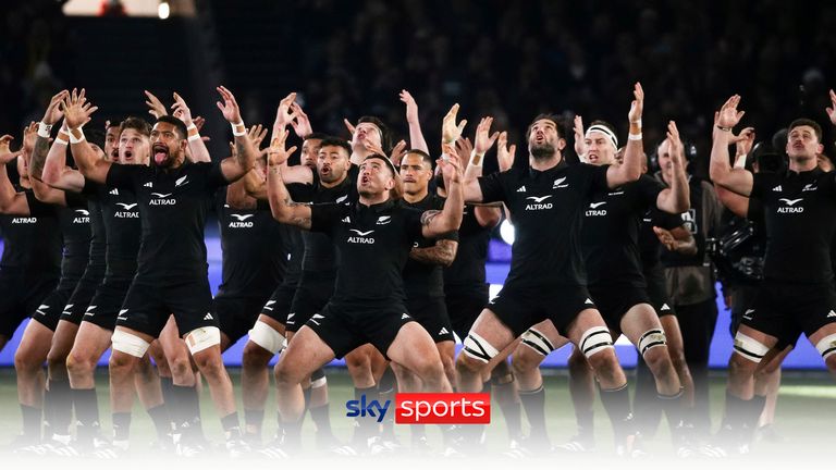 MELBOURNE, AUSTRALIA - JULY 29: The New Zealand Team performs the Haka before the Bledisloe Cup match between Australia Wallabies and New Zealand All Blacks at The Melbourne Cricket Ground on July 29, 2023 in Melbourne, Australia. (Photo by Dave Hewison/Speed Media/Icon Sportswire) (Icon Sportswire via AP Images)


