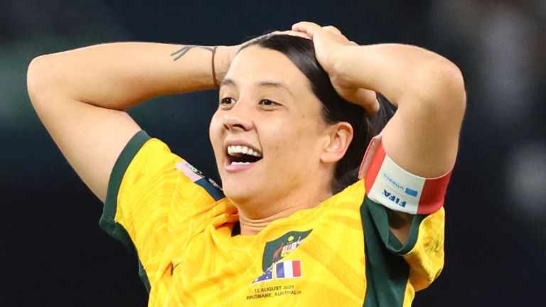 Australia's Sam Kerr celebrates after scoring during a penalty shootout during the Women's World Cup quarterfinal soccer match between Australia and France in Brisbane, Australia, Saturday, Aug. 12, 2023. (AP Photo/Tertius Pickard)