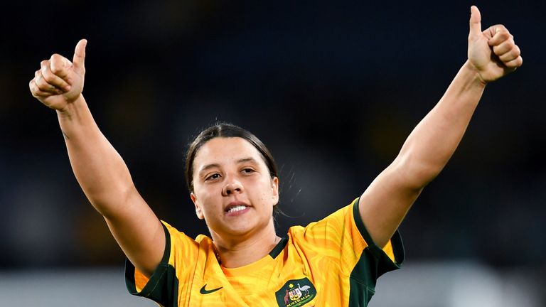 SYDNEY, AUSTRALIA - AUGUST 07: Sam Kerr of Australia celebrates winning the Women's World Cup round of 16 football match between the Australia Matildas and Denmark at Stadium Australia on August 07, 2023 in Sydney, Australia. (Photo by Steven Markham/Icon Sportswire) (Icon Sportswire via AP Images)