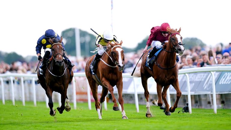 Tom Marquand and Sea Theme (left) arrive late to win the Galtres at York