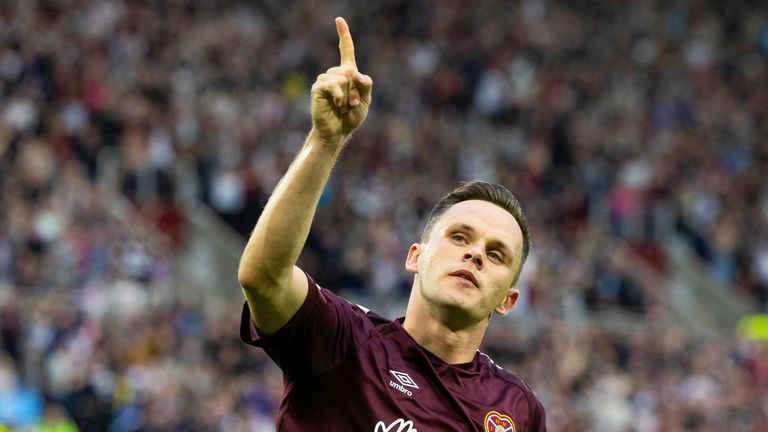 EDINBURGH, SCOTLAND - AUGUST 17: Hearts' Lawrence Shankland celebrates as he makes it 1-1 during a UEFA Conference League Qualifier between Heart of Midlothian and Rosenborg at Tynecastle Park, on August 17, 2023, in Edinburgh, Scotland. (Photo by Mark Scates / SNS Group)