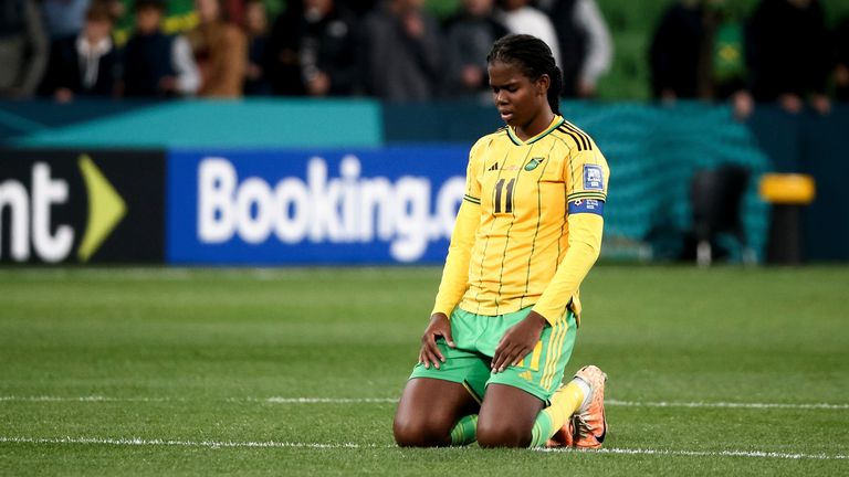 MELBOURNE, AUSTRALIA - AUGUST 02: Khadija Shaw of Jamaica takes a moment on the pitch during the Women's World Cup football match between Jamaica and Brazil at AAMI Park on August 02, 2023 in Melbourne, Australia. (Photo by Dave Hewison/Speed Media/Icon Sportswire) (Icon Sportswire via AP Images)