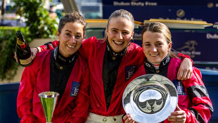 Hayley Turner, Saffie Osborne and Hollie Doyle celebrate victory in the Shergar Cup