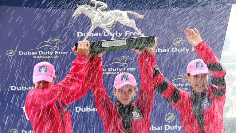 Doyle (centre) celebrated Shergar Cup victory with Hayley Turner and the Ladies team in 2018