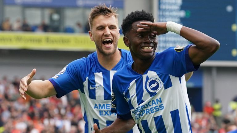 Brighton's Simon Adingra celebrates scoring their third goal