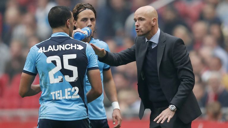 Sofyan Amrabat of FC Utrecht, Giovanni Tropee of FC Utrecht, coach Erik ten Hag of FC Utrechtduring the Dutch Eredivisie match between Ajax Amsterdam and FC Utrecht at the Amsterdam Arena on October 02, 2016 in Amsterdam