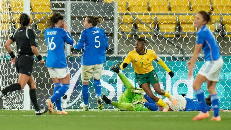 South Africa's Thembi Kgatlana celebrates after scoring her side's third goal during the Women's World Cup Group G soccer match between South Africa and Italy in Wellington, New Zealand, Wednesday, Aug. 2, 2023. (AP Photo/Alessandra Tarantino)