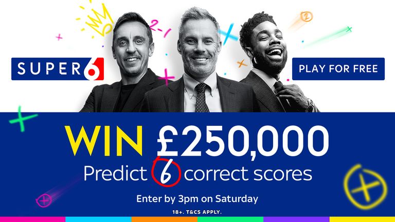 Correctly predict six scorelines to win £250,000 for free with Super 6. Entries by 3pm Saturday.