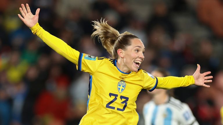 Sweden's Elin Rubensson celebrates the second goal of the match during the Women's World Cup Group G soccer match between Argentina and Sweden in Hamilton, New Zealand, Wednesday, Aug. 2, 2023. (AP Photo/Juan Mendez)