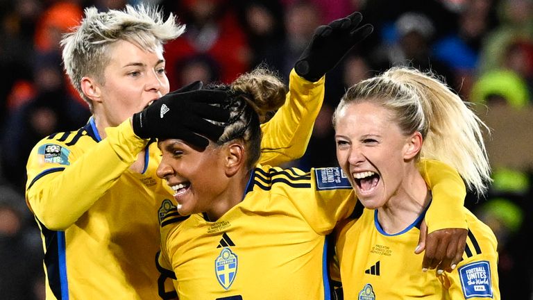 Sweden's Rebecka Blomqvist, second right, celebrates after scoring her team's first goal during the Women's World Cup Group G soccer match between Argentina and Sweden in Hamilton, New Zealand, Wednesday, Aug. 2, 2023. (AP Photo/Andrew Cornaga)
