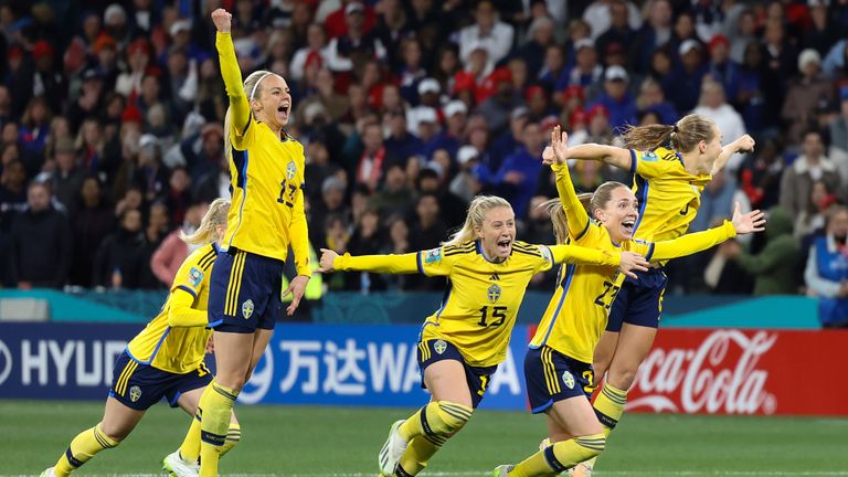 August 6, 2023, Melbourne, Australia: Sweden celebrates after beating the USA in a penalty shoot-out during a 2023 Women's World Cup Round of 16 match between Sweden and the United States at the Melbourne Rectangular Stadium. Sweden won 5:4 on penalty kicks and advanced to the quarter-finals. (Cal Sport Media via AP Images)