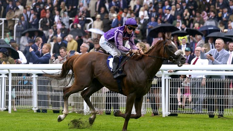 25/1 shot The Goat wins the Coral Handicap in rainy conditions at Goodwood