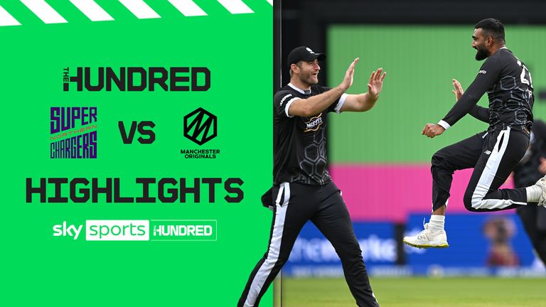 LEEDS, ENGLAND - AUGUST 13: Originals bowler Usama Mir celebrates after bowling Superchargers batter Tom Banton during The Hundred match between Northern Superchargers Men and Manchester Originals Men at Headingley on August 13, 2023 in Leeds, England. (Photo by Stu Forster/Getty Images)